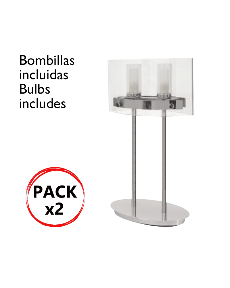 Pack de 2 lámparas de mesa de diseño vidrio+cromado 2x40W G9 bombillas incluidas