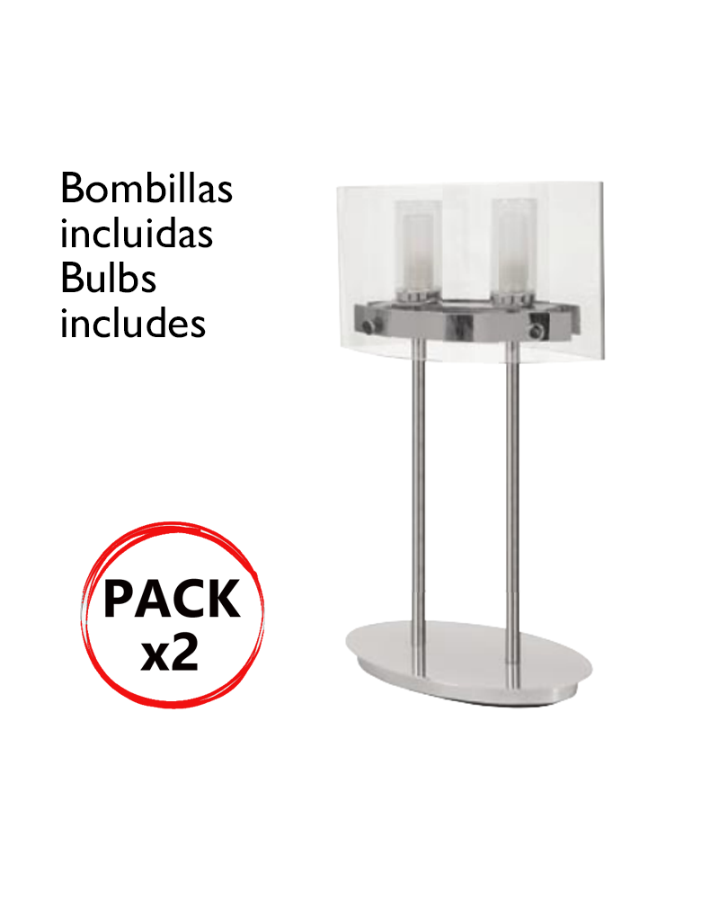 Pack of 2 glass+chrome design table lamps 2x40W G9 bulbs included