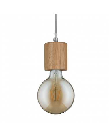 Wooden cylinder pendant with gray cable 60W E27