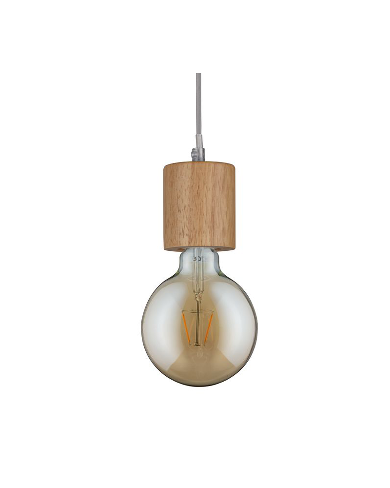 Wooden cylinder pendant with gray cable 60W E27