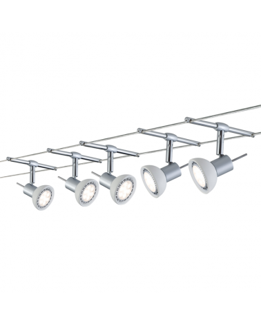 Matte chrome cable system opal glass lampshades with 5 spotlights max. 10W GU5.3