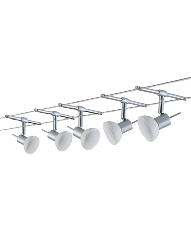 Matte chrome cable system opal glass lampshades with 5 spotlights max. 10W GU5.3