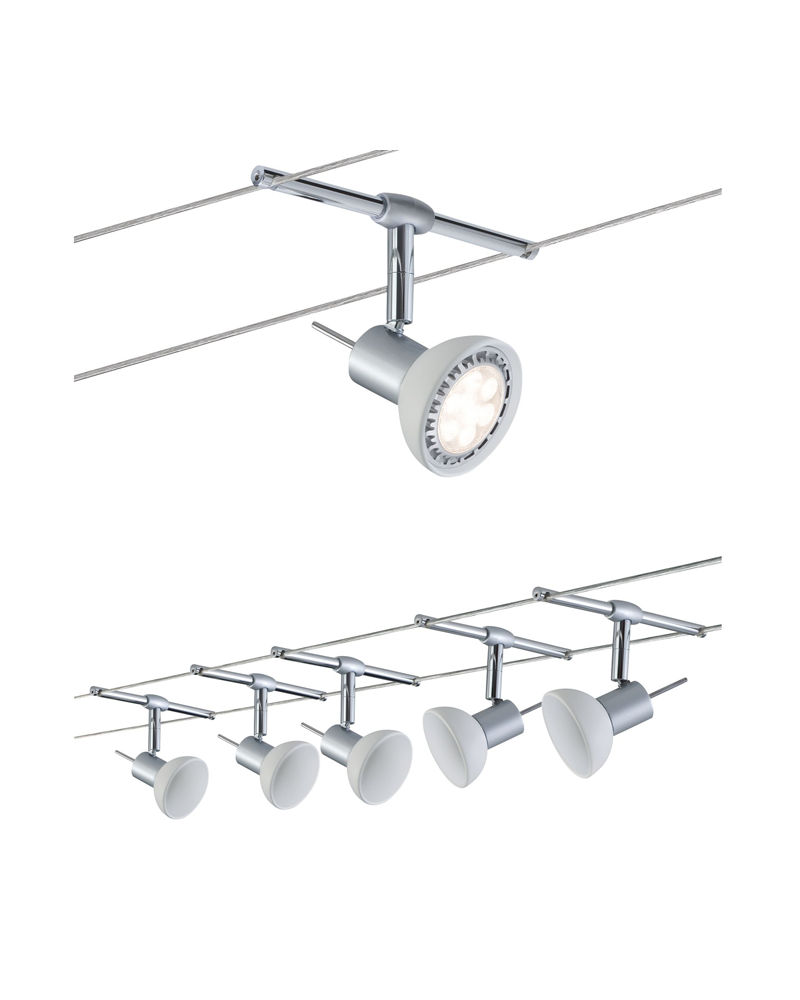 Matte chrome cable system opal glass lampshades with 5 spotlights max. 10W GU5.3