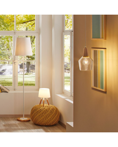 Lámpara de pie 165cm 20W E27 acabado blanco con pantalla tela y  base de madera