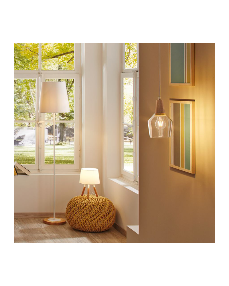 Floor lamp 165cm 20W E27 white finish with fabric lampshade and wooden base