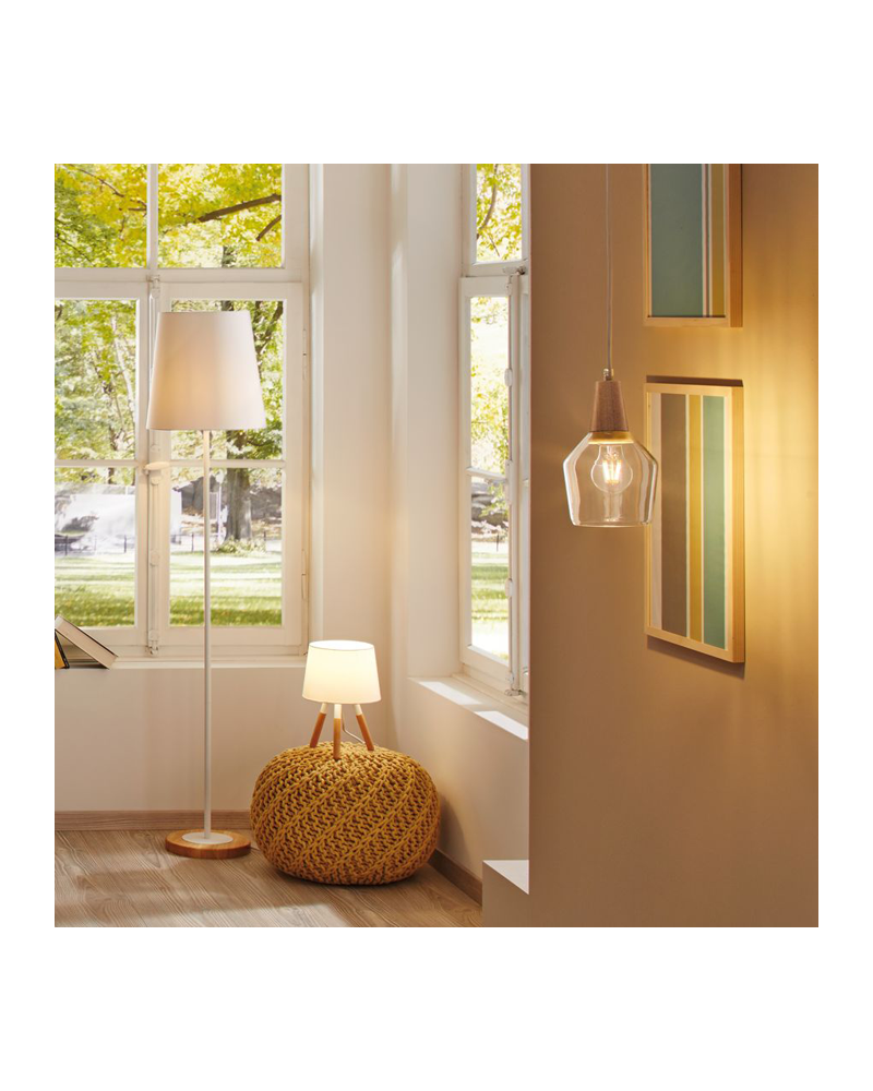 Lámpara de pie 165cm 20W E27 acabado blanco con pantalla tela y  base de madera