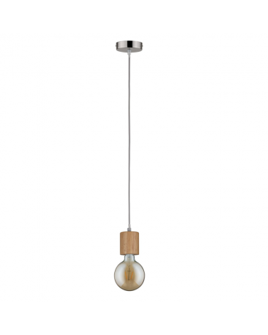 Wooden cylinder pendant with gray cable 60W E27