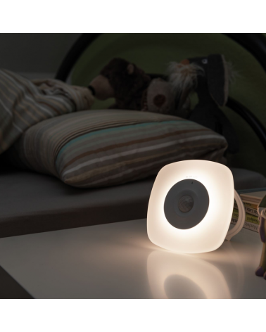 Luz nocturna infantil quitamiedos con gancho enchufable blanca redonda con sensor de anochecer y de sonido