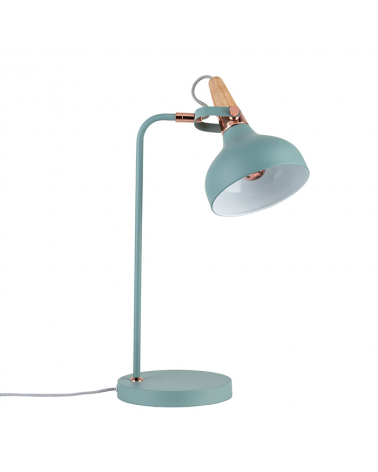 Blue turquoise Nordic table lamp with wood and copper detail 20W E14