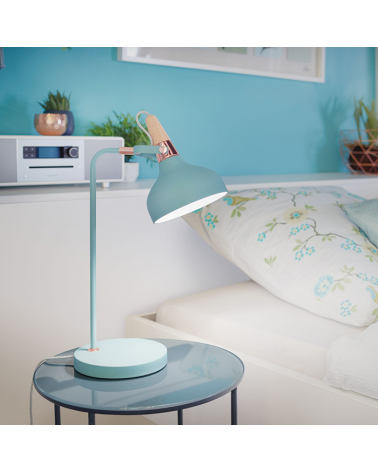 Blue turquoise Nordic table lamp with wood and copper detail 20W E14