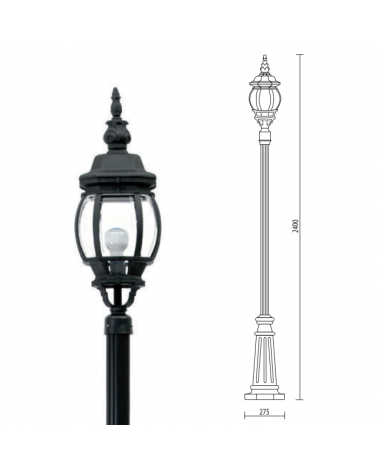 Street lamp IP44E27 height 240cms, with beveled polycarbonate diffuser UV resistant flower finish