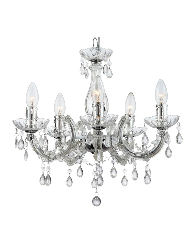 Lámpara araña 44cms 5x40w E14 lágrimas transparentes en acrílico cromo