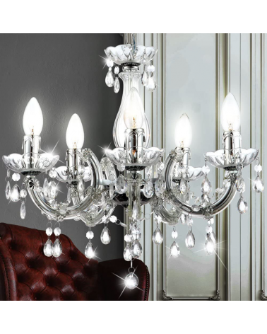 Chandelier 44cms 5x40w E14 transparent acrylic and chrome tears