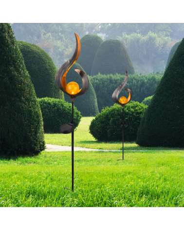 Solar bollard for garden flame shape with golden sphere