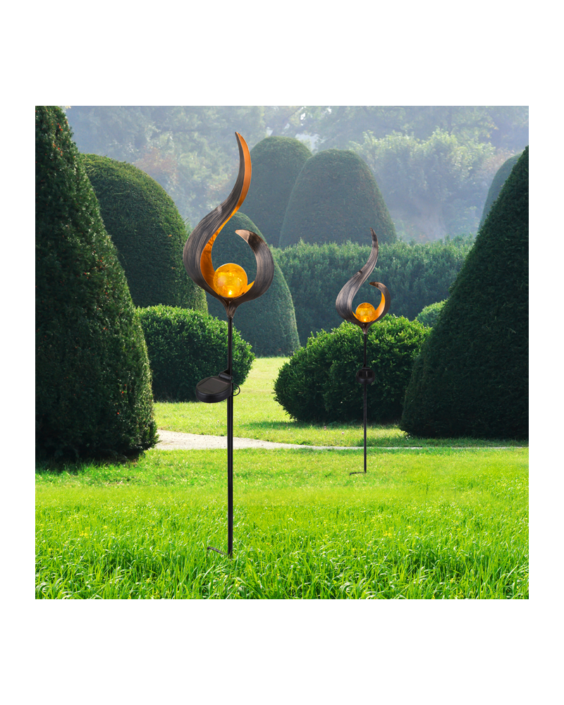 Solar bollard for garden flame shape with golden sphere