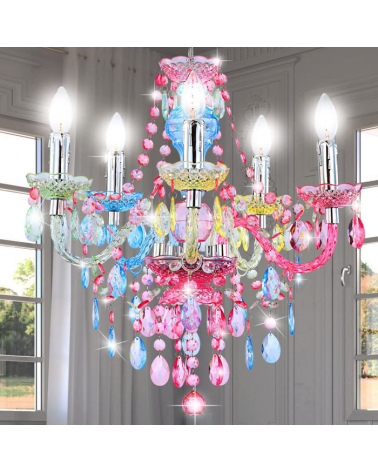 Multicolored chandelier 51cms 5x40w E14 pink and blue tears in acrylic and chrome