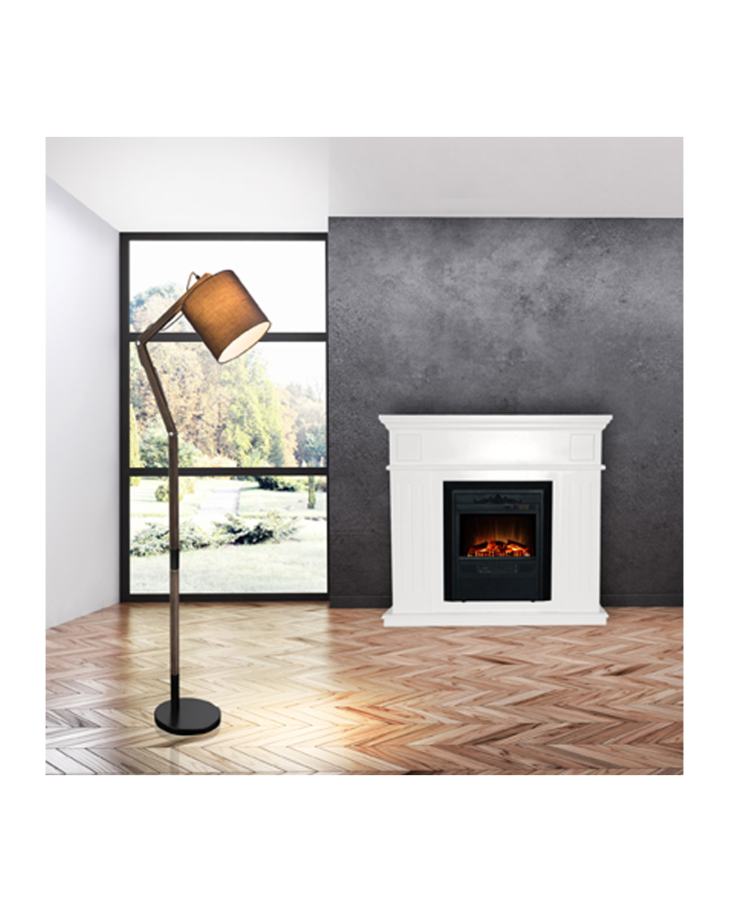 Lámpara de pie 117cm 60W E27 acabado negro y marrón articulada de madera y metal con pantalla para bombilla de rosca E27