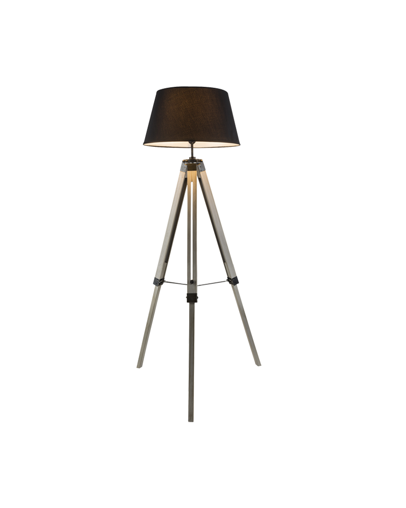 Lámpara de pie 145cm trípode de madera pantalla negra 40W E27