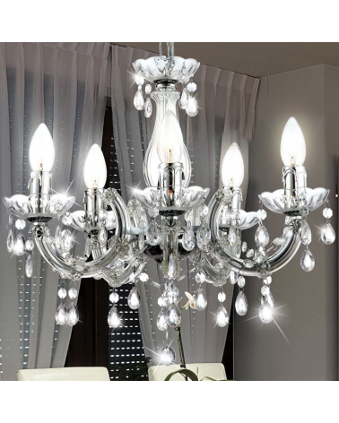 Chandelier 44cms 5x40w E14 transparent acrylic and chrome tears