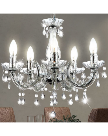 Chandelier 44cms 5x40w E14 transparent acrylic and chrome tears