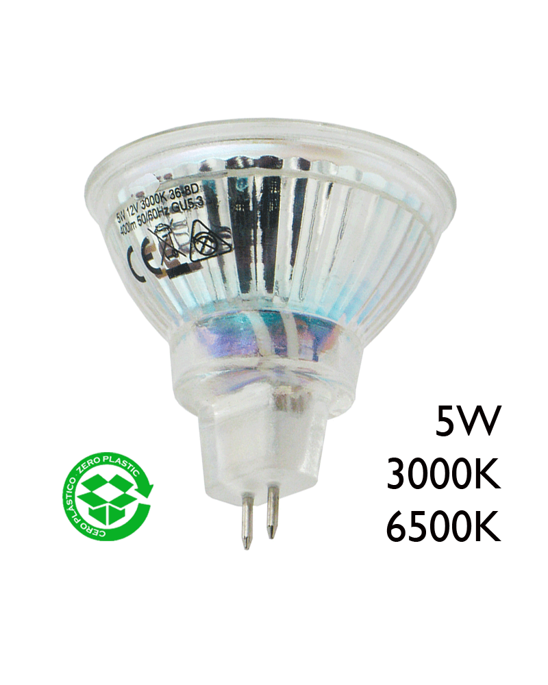 LED mirrored reflector spotlight bulb 50 mm. 12V LED 5W GU5,3 36º