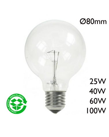 Incandescent globe light bulb 80mm clear E27 230V