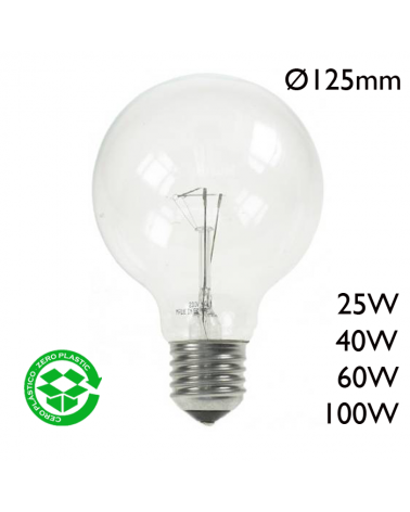 Incandescent globe light bulb 125mm clear E27 230V