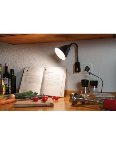 Lamp with integrated plug, 11cm diameter, flexible arm and E14 socket