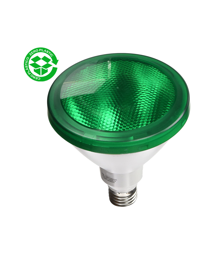 122mm bulb. Green PAR38 LED IP65 15W E27 30º 25000h. white body