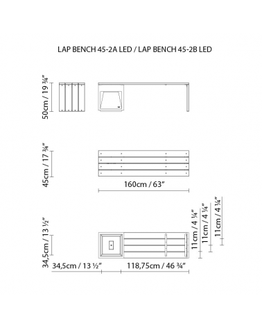 Banco madera Lap Bech 45-2A 160 cm de largo, fijación al suelo IP65 LED 2x6,5W 3000K