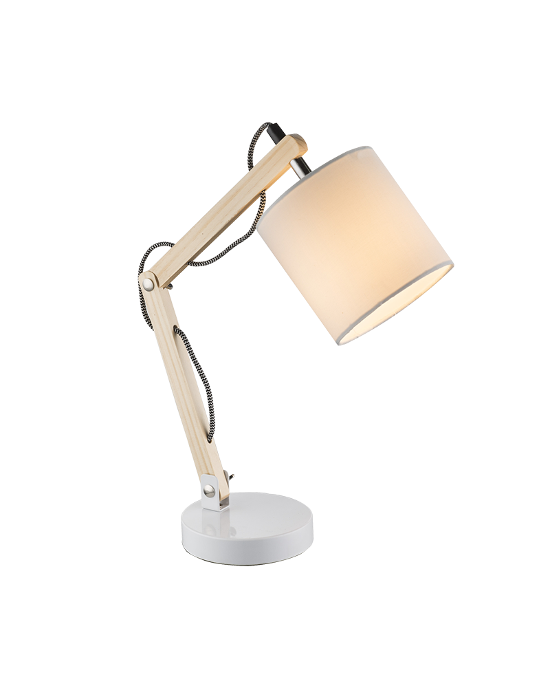 44cm flexo made of light wood, white metal and 25W E14 textile lampshade