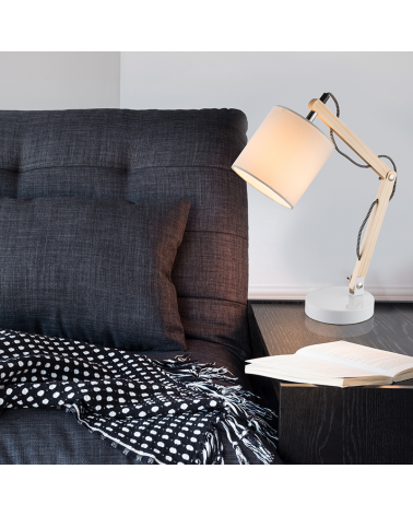 44cm flexo made of light wood, white metal and 25W E14 textile lampshade