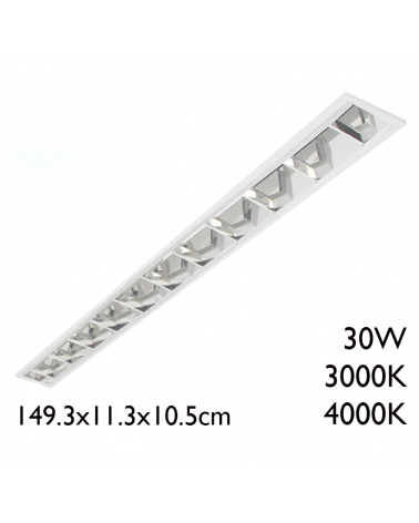 White finish steel recessed LED panel and aluminum reflector 30W 149,3x 11,3cm + 50,000h