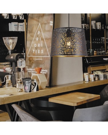 Ceiling lamp 35cm round black lampshade golden interior curved holes 60W E27