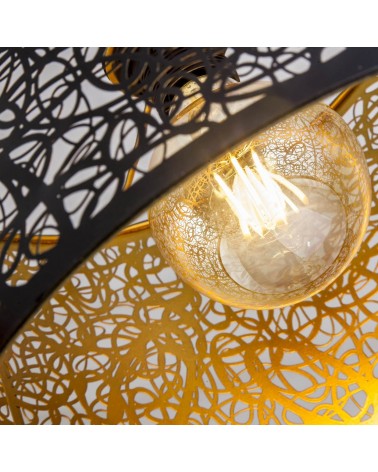 Ceiling lamp 35cm round black lampshade golden interior curved holes 60W E27