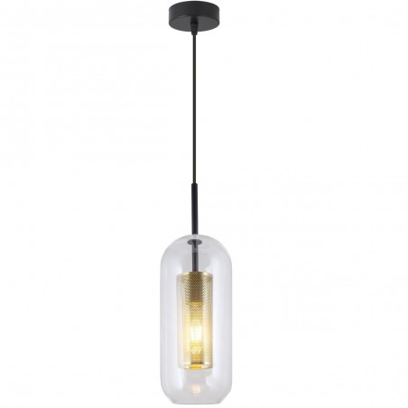Lámpara de techo 12cm cristal portalámparas dorado roseta y cable negro 60W E27