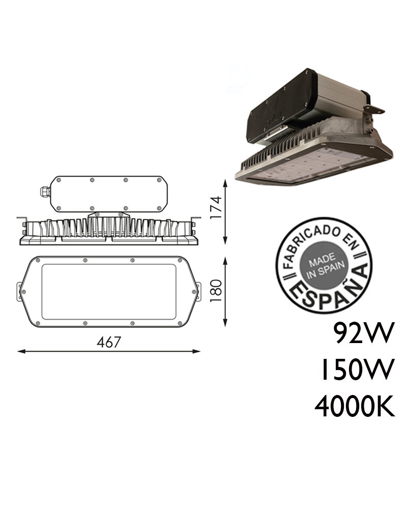 Industrial hood IP66 very high luminosity 120 leds 4000K + 100,000h