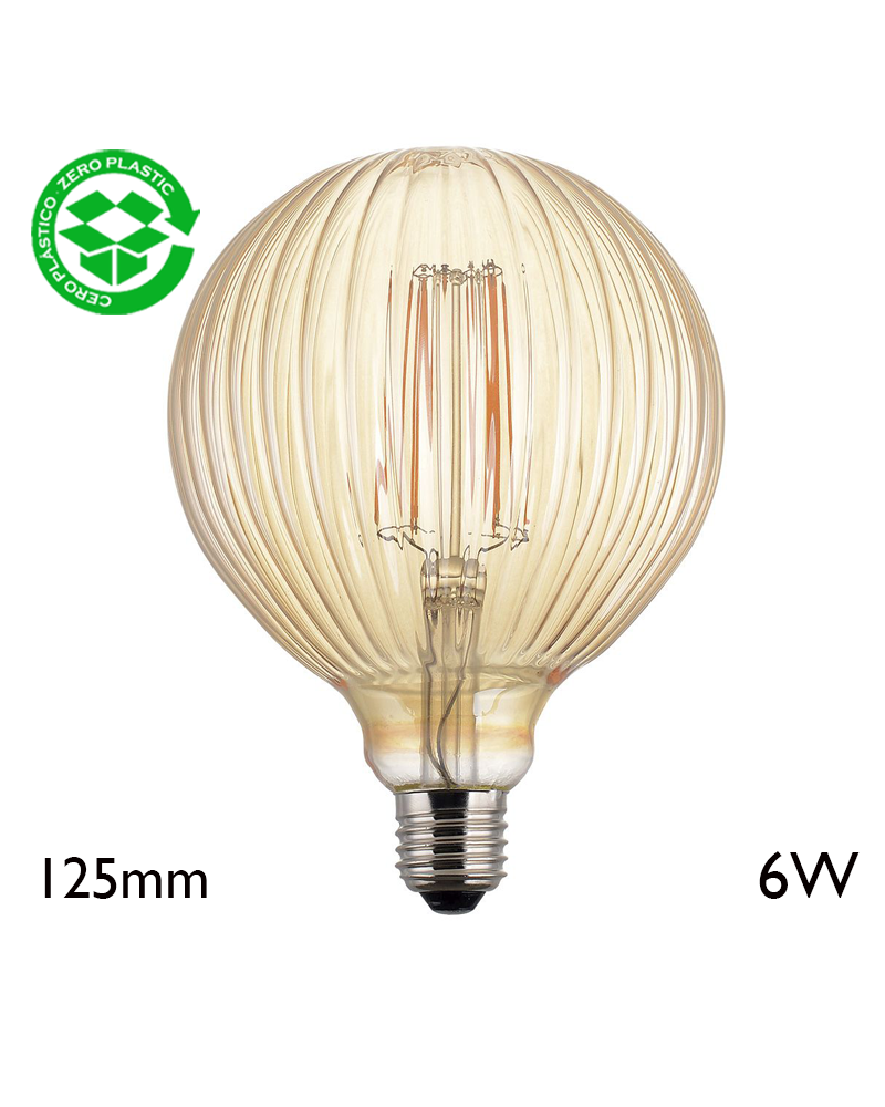 Vintage Amber Striated Globe Bulb 125 mm LED filaments E27 6W 2700K 750Lm