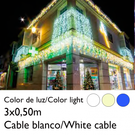 Cortina de LEDs 3x0,5m efecto hielo icicle, cable blanco empalmable con 114 leds flashing IP65 apta para exterior