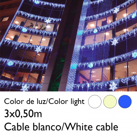 Cortina de LEDs 3x0,5m efecto hielo icicle, cable blanco empalmable con 114 leds flashing IP65 apta para exterior
