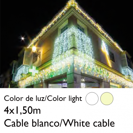 Cortina de LEDs 4x1,5m efecto hielo icicle estalactita, cable blanco empalmable con 304 leds flashing IP65 apta para exterior