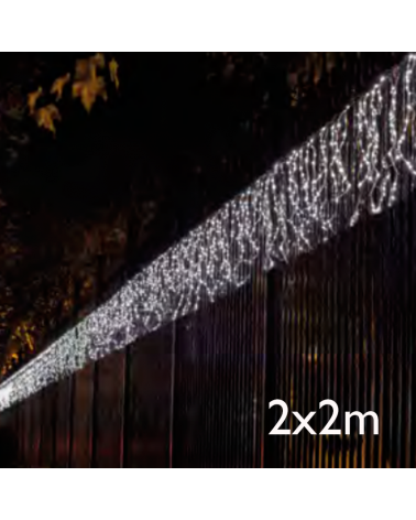 Cortina cascada de LEDs 2x2m blanco frío, cable transparente con 512 leds IP44 apta para exterior