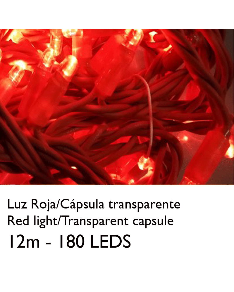 Guirnalda 12m y 180 LEDs rojos cápsula clara, empalmable IP65 apta para exterior