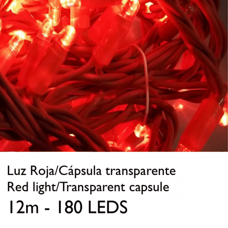 Guirnalda 12m y 180 LEDs rojos cápsula clara, empalmable IP65 apta para exterior