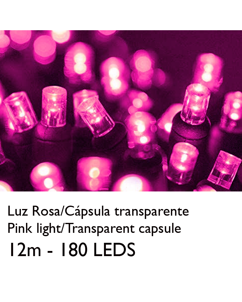 Guirnalda 12m y 180 LEDs rosa cápsula clara cable rosa, empalmable IP65 apta para exterior