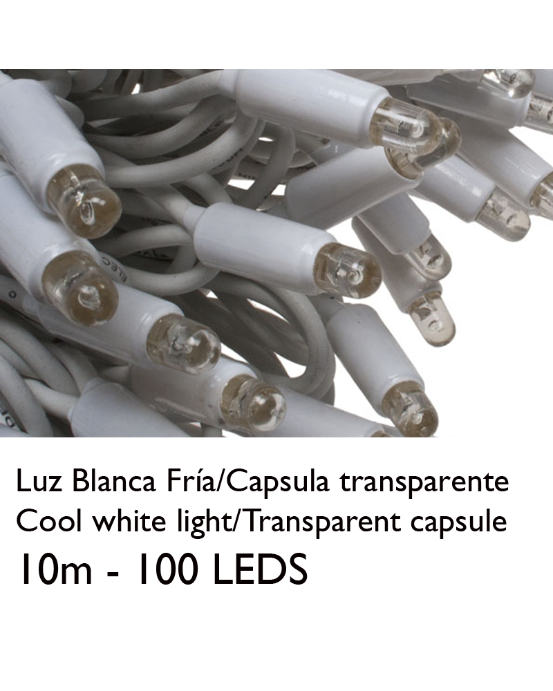 String light 10m and 100 LEDs cold white clear capsule white or green cable  connectable IP65