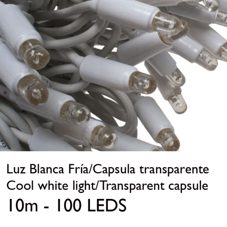 Guirnalda 10m y 100 LEDs blanco frío cápsula clara cable blanco o verde empalmable IP65 apta para exterior