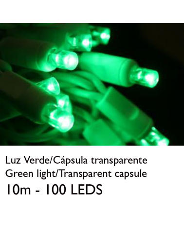 Guirnalda 10m y 100 LEDs color verde cápsula clara y cable empalmable IP65 apta para exterior
