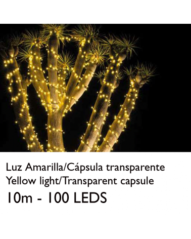 Guirnalda 10m y 100 LEDs color amarillo cápsula clara y cable empalmable IP65 apta para exterior
