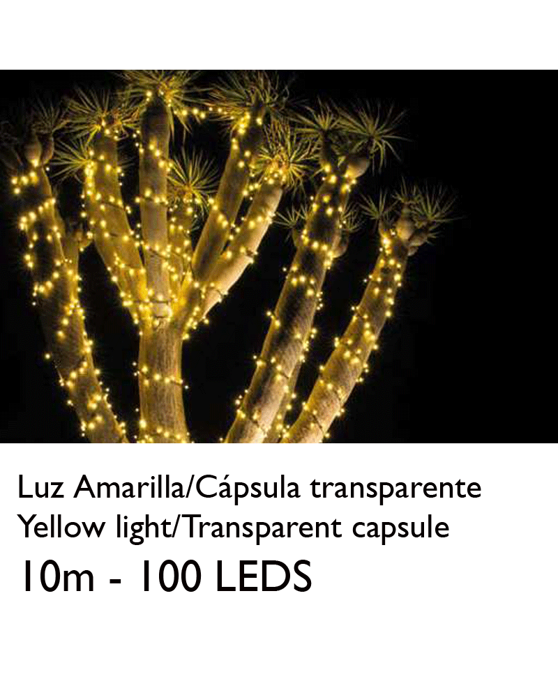 Guirnalda 10m y 100 LEDs color amarillo cápsula clara y cable empalmable IP65 apta para exterior